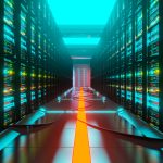 Data center with server racks in a corridor room