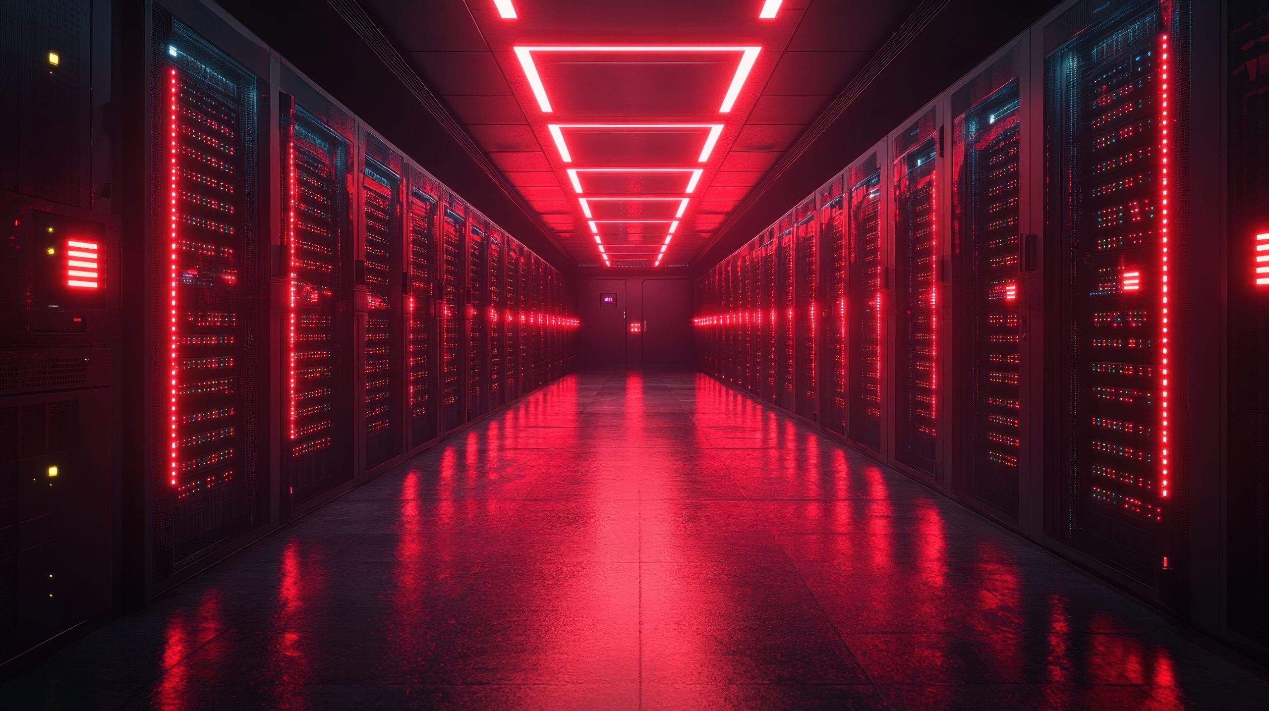 Futuristic server room with red lighting.